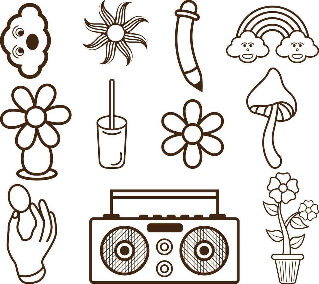 Hand drawn doodle 90's Retro element Clipart collection set. vector