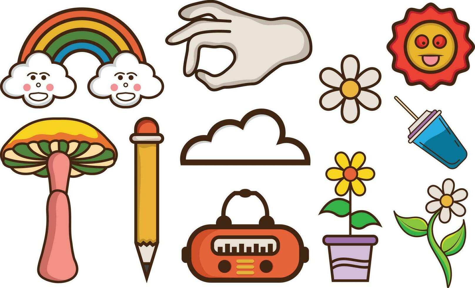 Hand drawn 90's Retro element Clipart collection set. vector
