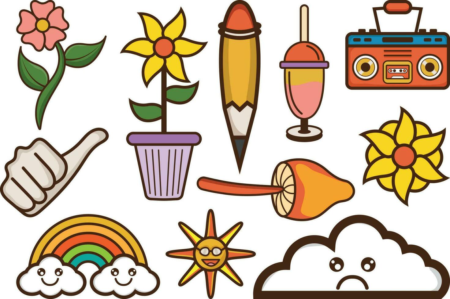 Hand drawn 90's Retro element Clipart collection set. vector