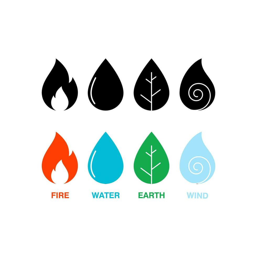 cuatro elementos. fuego, aire, agua, tierra. simbolos circulo icono silueta ilustración vector