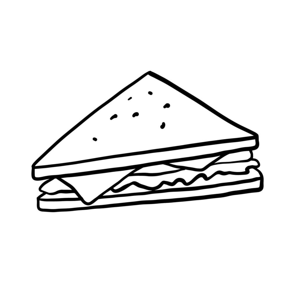 Sandwich illustration in doodle style. Outline food illustration. Line fastfood sketch isolated on white vector