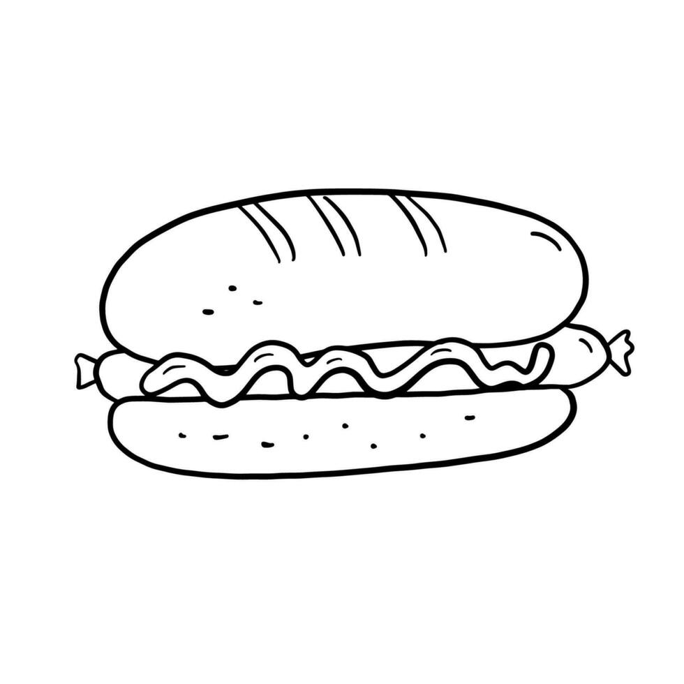 Hotdog illustration in doodle style. Outline food illustration. Line fastfood sketch isolated on white vector