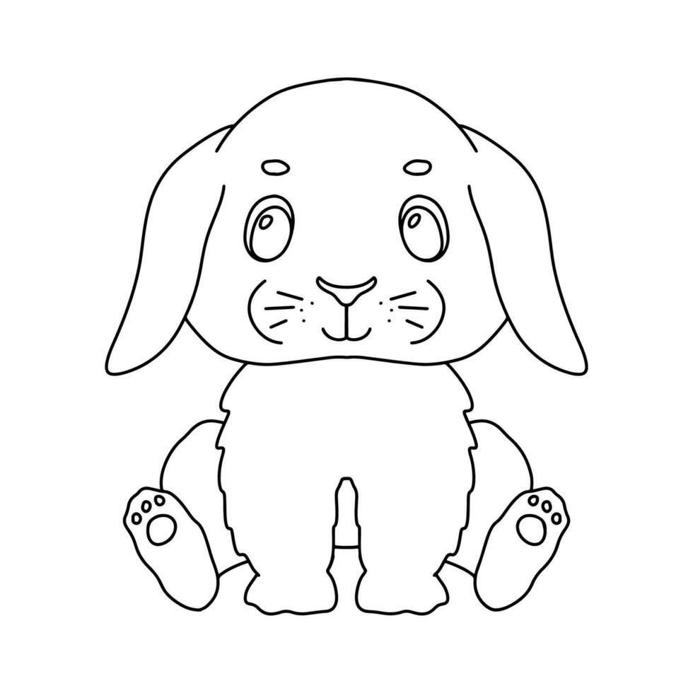 Line cute sitting bunny. Vector outline graphic illustration, character baby animal isolated on white background. Funny rabbit