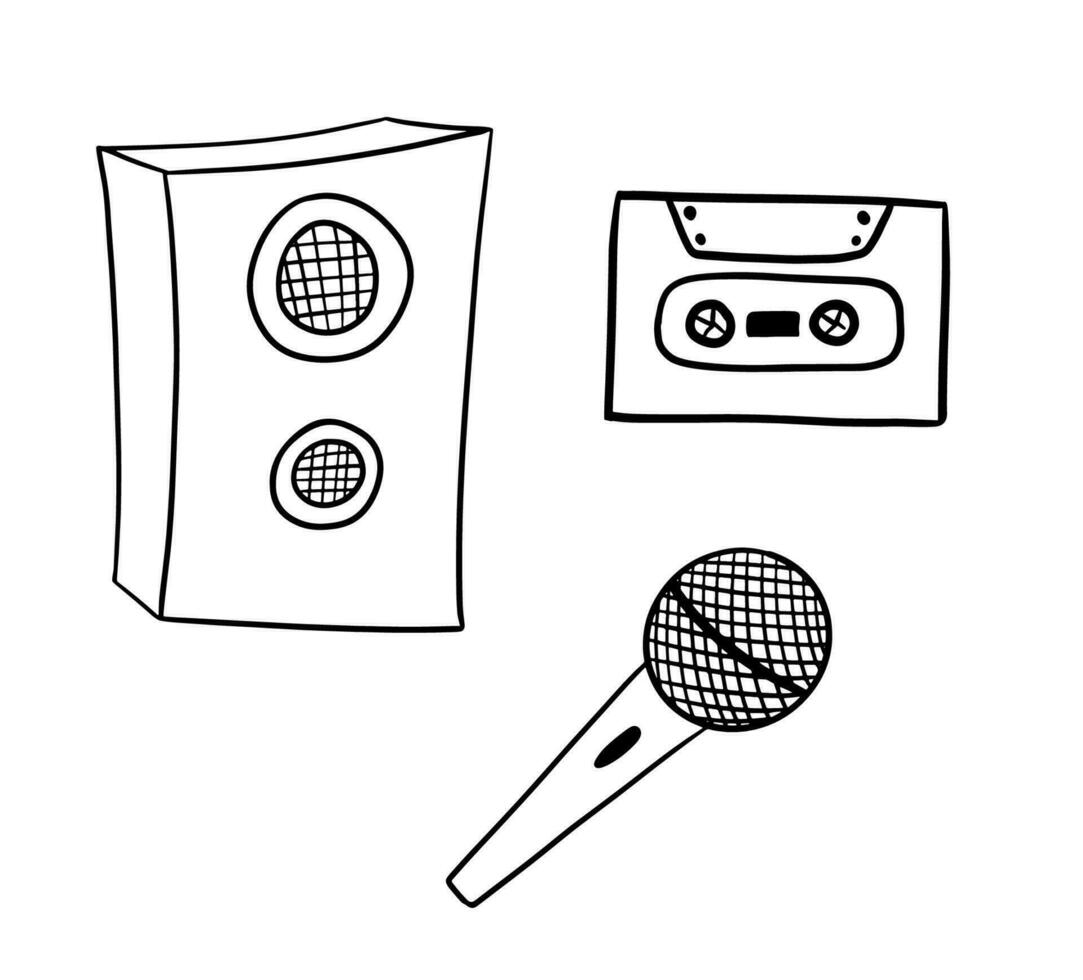 mano dibujado bosquejo conjunto de música garabatos música columna, audio casete y micrófono aislado en blanco vector