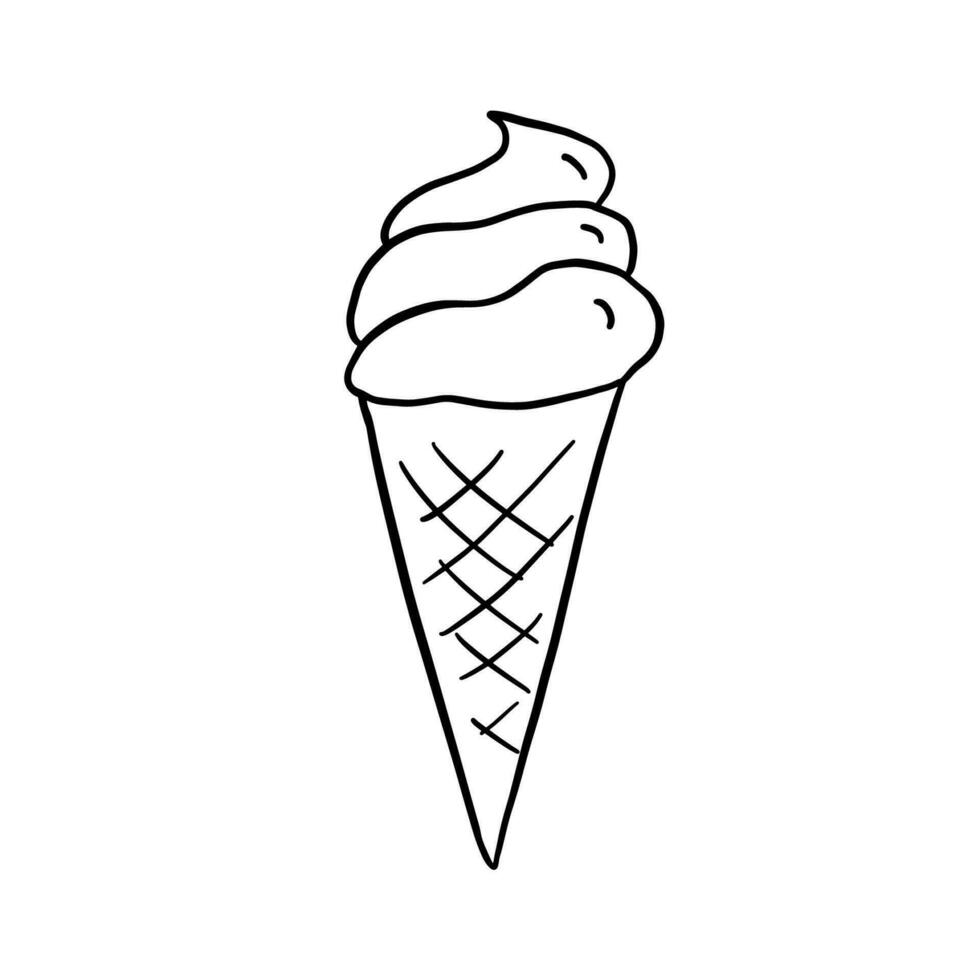 Ice cream in waffle cone isolated on white background. Vector doodle illustration.