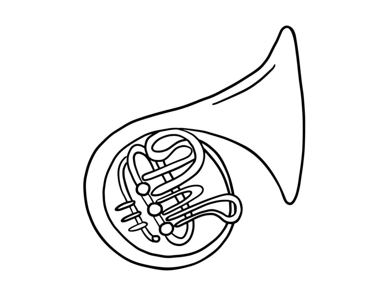 Doodle french horn illustration. Hand drawn brass trumpet icon. Vector musical instrument isolated on white