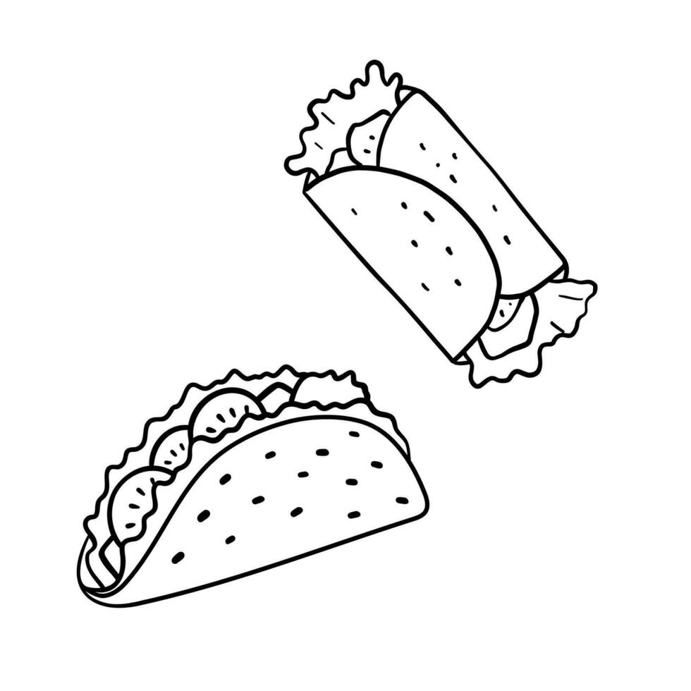 Taco illustration in doodle style. Outline food illustration. Line fastfood sketch set vector