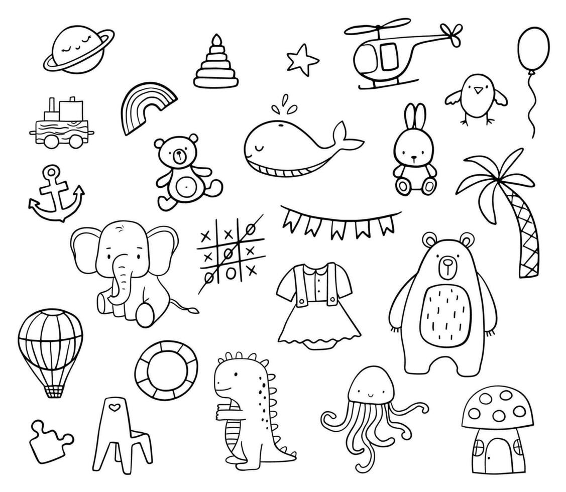 Hand drawn doodle sketch set. Vector cute illustrations Isolated on white. Hot air balloon, tic tac toe and elephant.