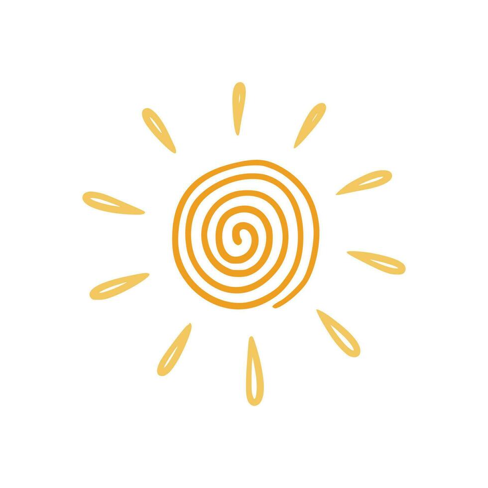 Doodle sun sketch illustration. Hand drawn cute orange sunshine. Scribble doodle children drawn style. Vector