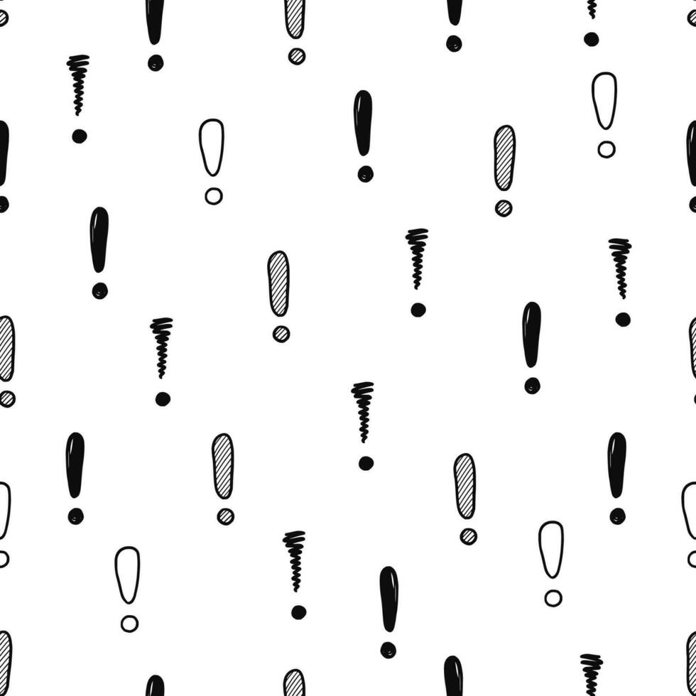 Hand drawn exclamation mark seamless pattern. Scribble doodle exclamation point sign background. Hand drawn sketch danger pattern. vector