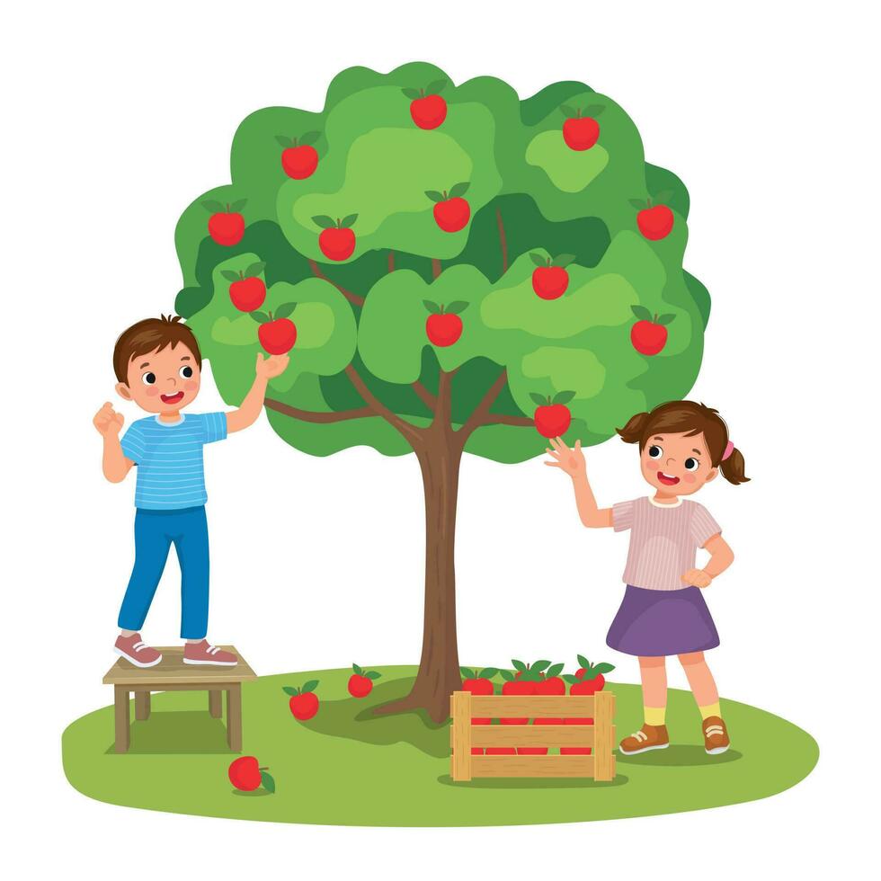happy little kids boy and girl picking apples fruits from the tree in the orchard garden vector