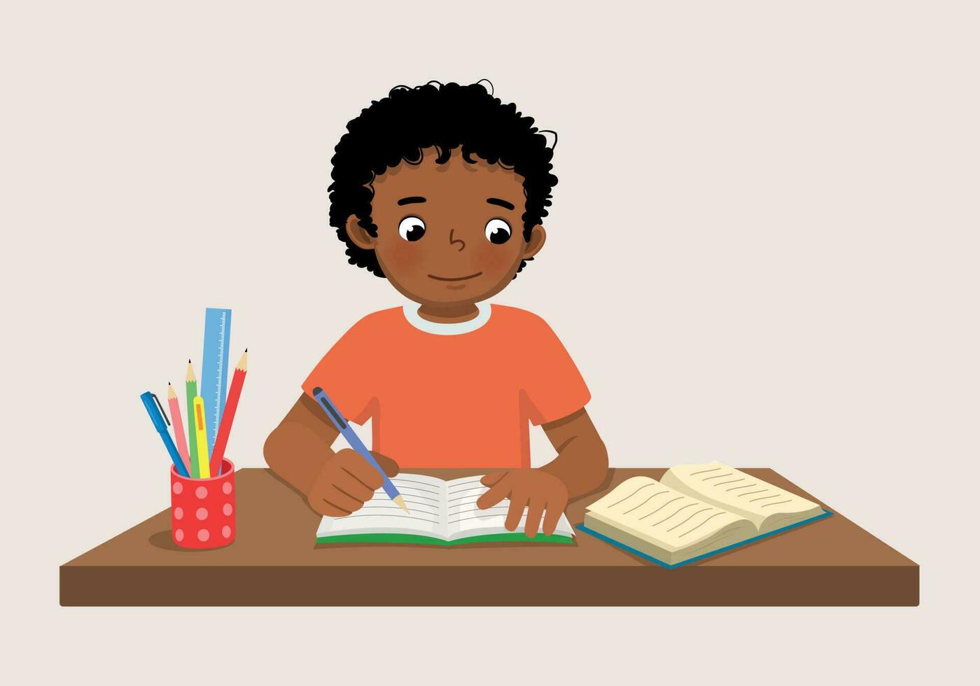 Cute little African boy sitting on the desk studying writing on notebook doing his homework at home vector