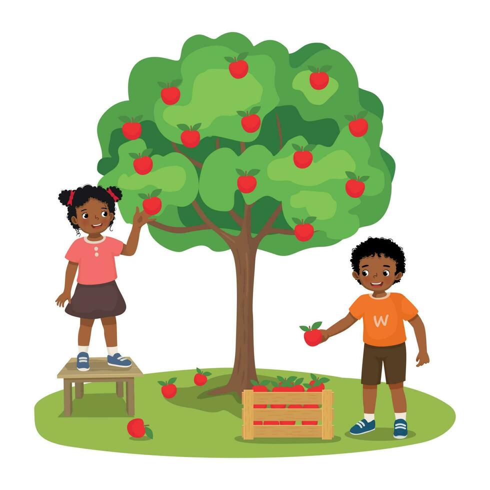 Happy little African kids boy and girl picking apples fruits from the tree in the orchard garden vector