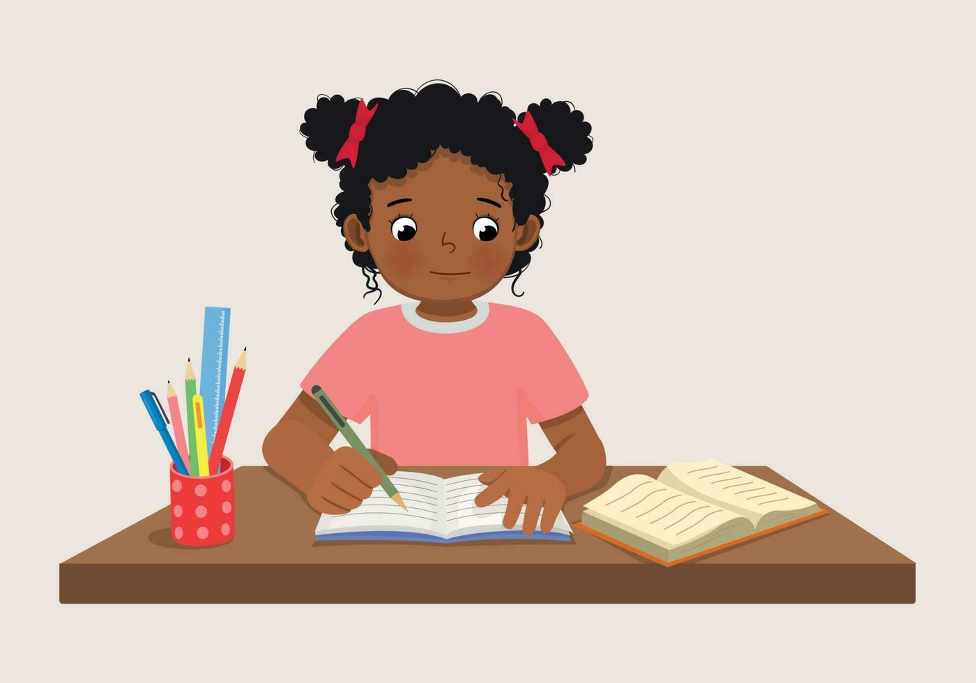 linda pequeño africano niña sentado en el escritorio estudiando escritura en cuaderno haciendo su deberes a hogar vector