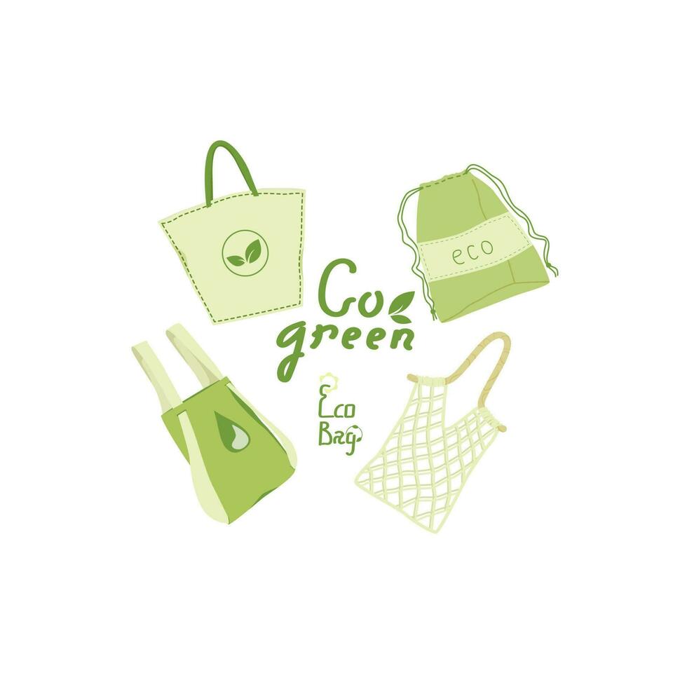 A set of mesh and textile bags for shopping, storage for an eco-friendly life. Eco shopping bags. Wasteless lifestyle concept. Vector illustration.