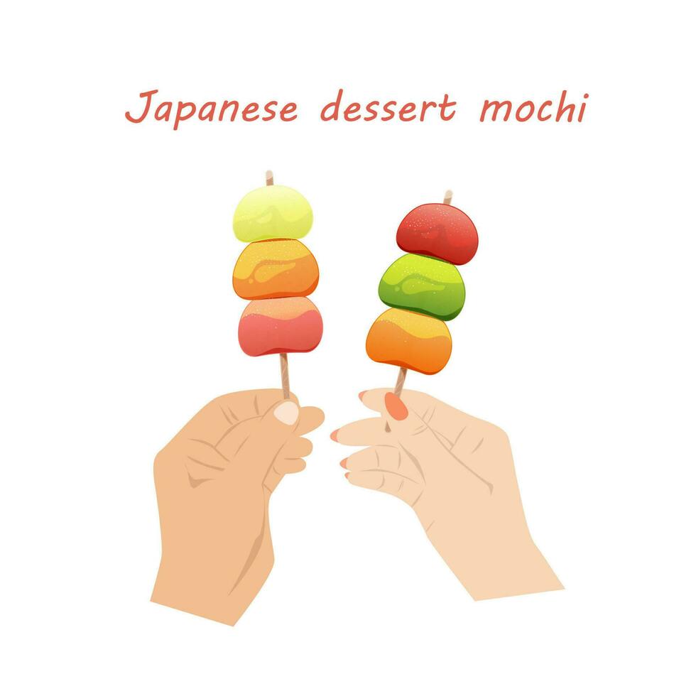 Japanese dessert mochi. Two hands hold mochi on a stick. Vector illustration of Japanese cuisine.