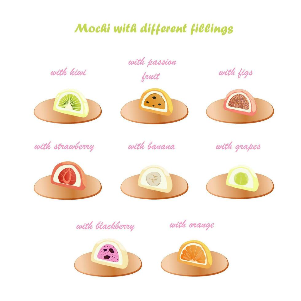 Japanese dessert mochi. Mochi with different fillings inside. With kiwi, with orange, with strawberry, with figs, with banana. Vector illustration of Japanese cuisine.