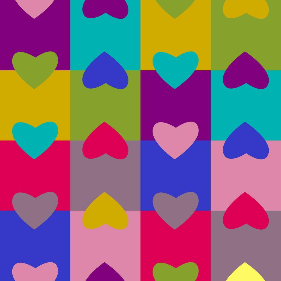 Seamless pattern of hearts on boxes, multicolor. In a concept of gender, matter, LGBTQ, alternative. love, race, age. For use as background, banner, flag, print, wrapping paper, cloth, dress, cover. vector