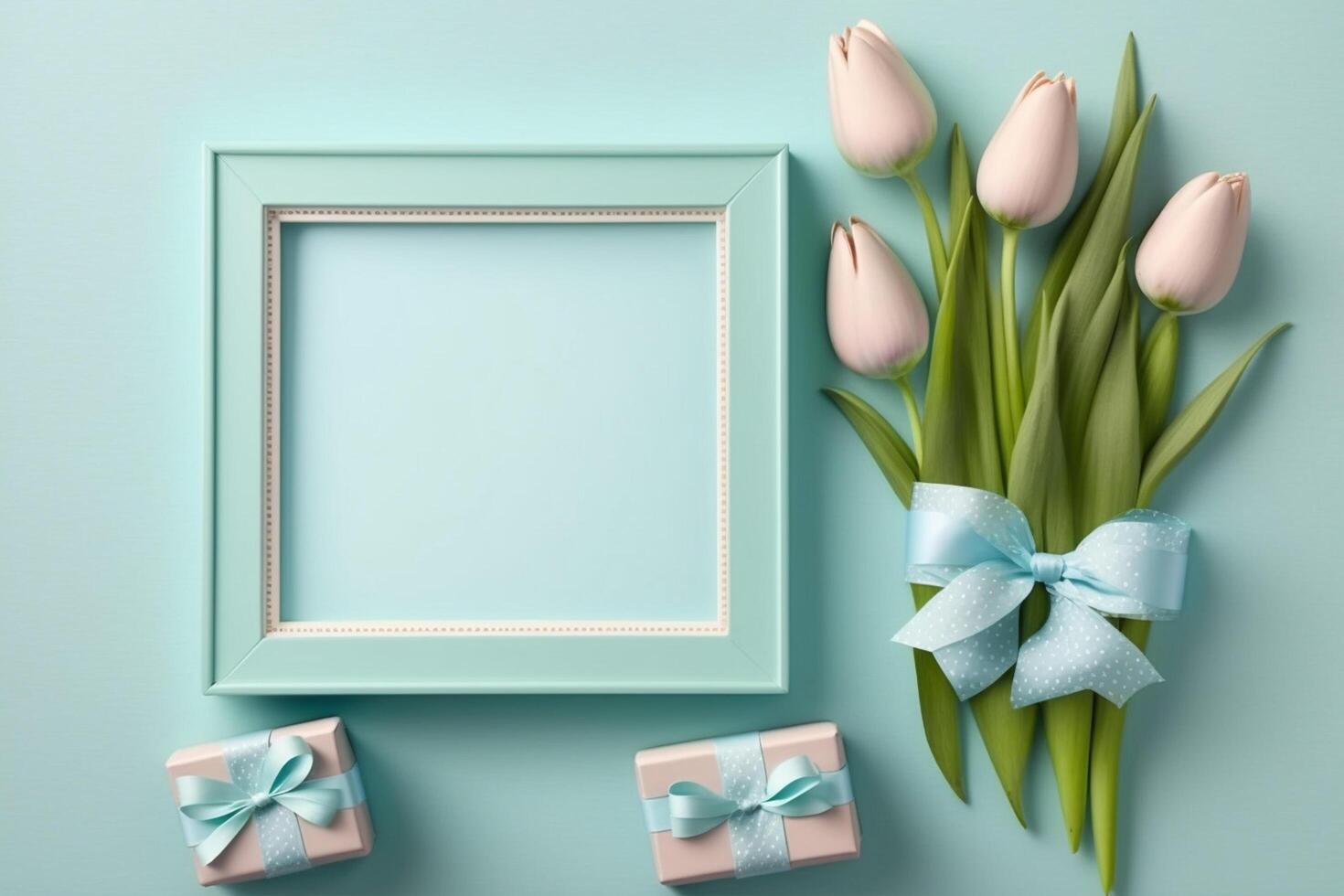 Blank frame for text on pastel blue background, photo