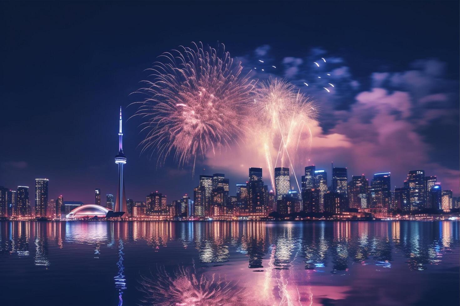 vistoso fuegos artificiales con cn torre a noche, ai generativo foto