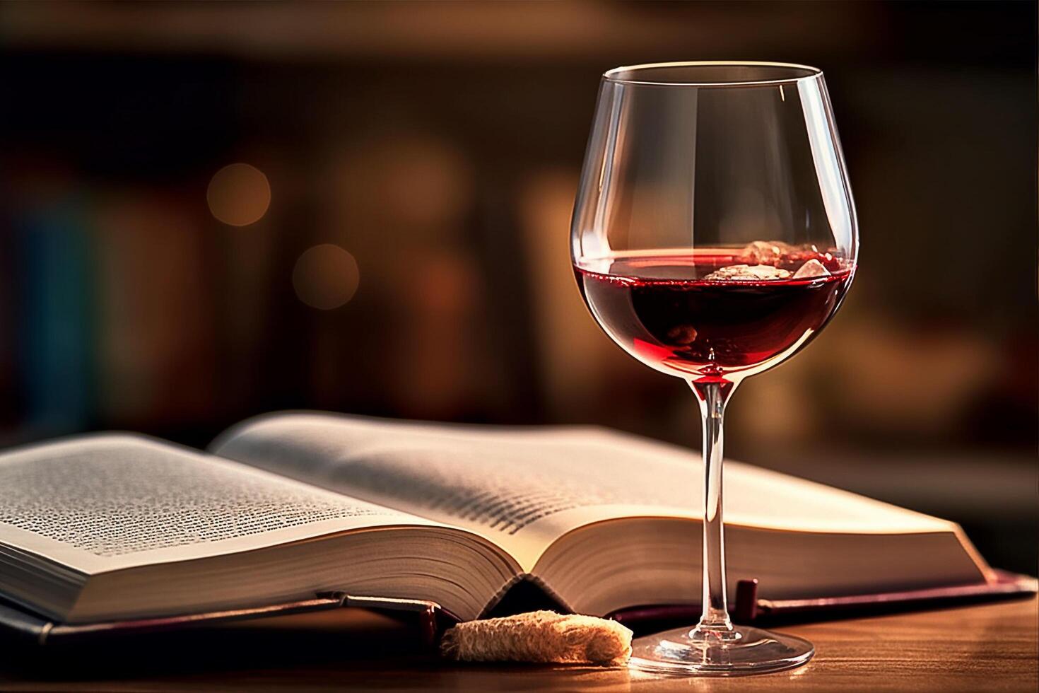 side view of a glass of red wine on book, photo