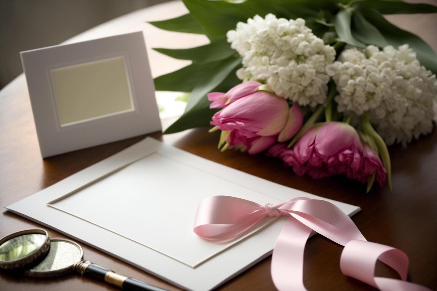 blanco tarjeta en mesa con rosado flores y cintas, ai generativo foto