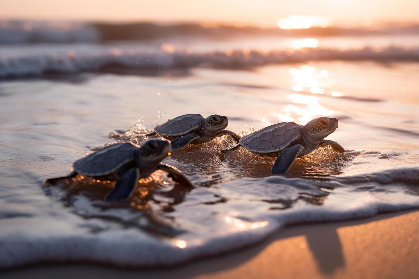 baby sea turtle crawling to ocean, photo