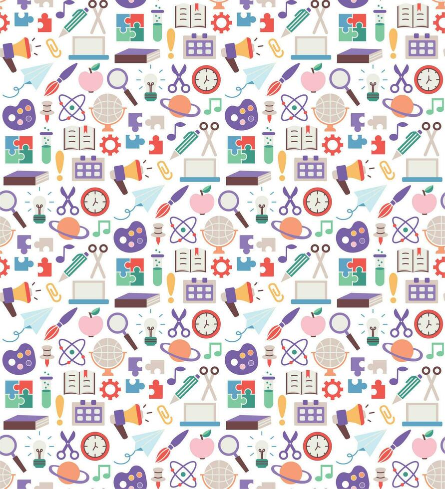 Back to school. pattern seamless of stationery for studying at school. education kids accessory. print object stuff design. graphic wallpaper element children study. background vector illustration