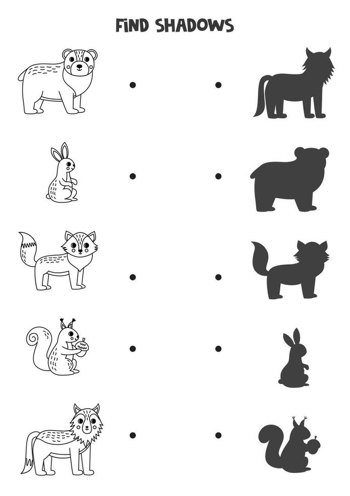 Find the correct shadows of black and white woodland animals. Logical puzzle for kids. vector