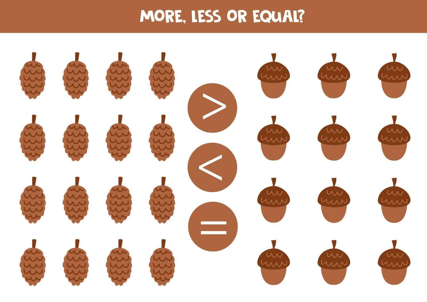 More, less or equal with cartoon acorns and pine cones. vector