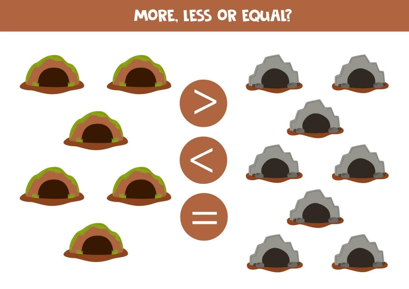 More, less or equal with cartoon animal dens. vector