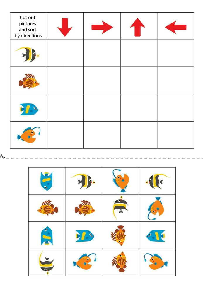 Cut and glue sea animals cards. Left, right, up, down. vector