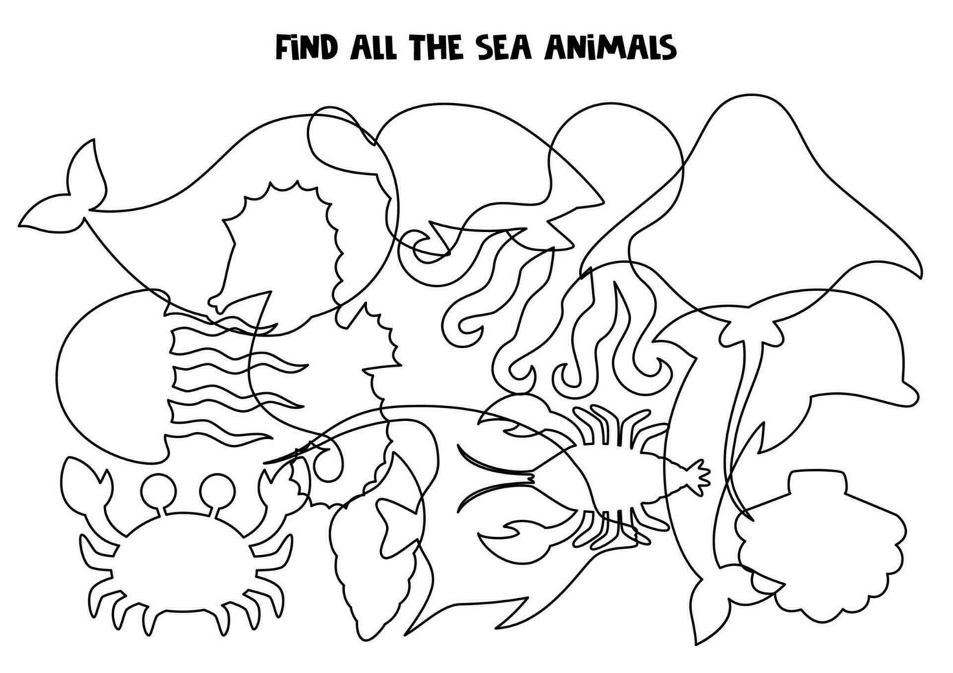 Find all the sea animals. Find all silhouettes. Logical puzzle for kids. vector