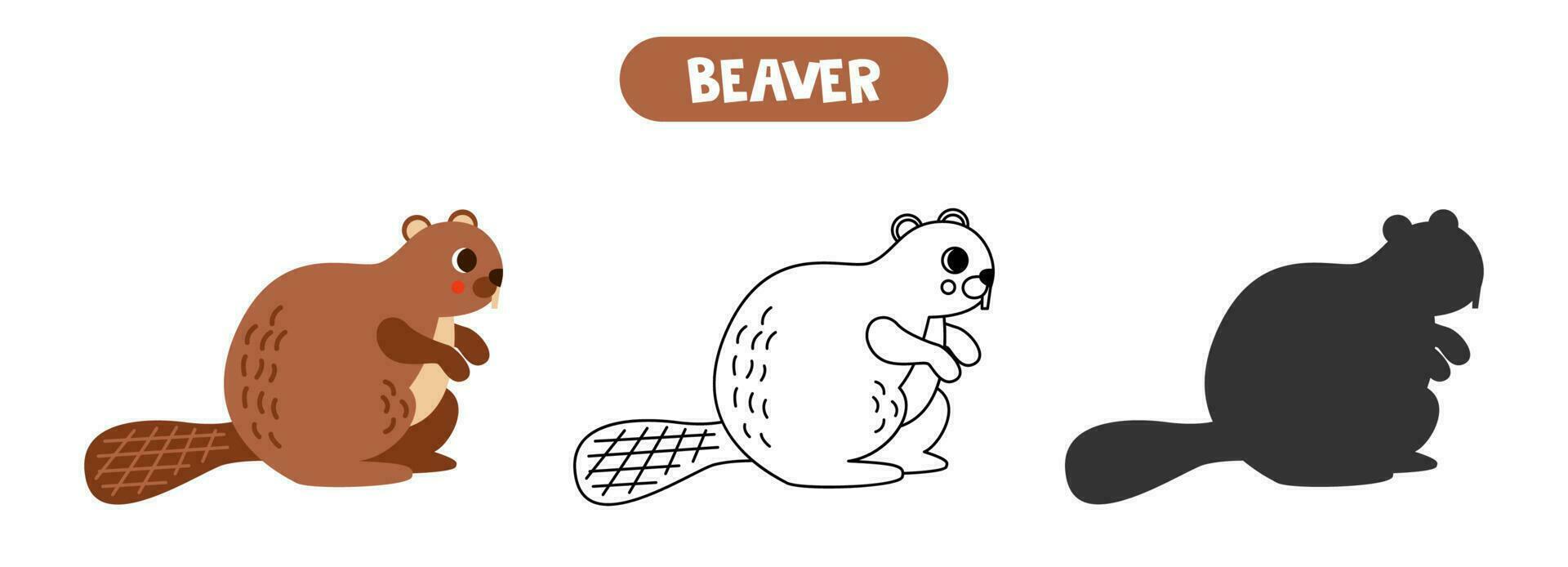 Colorful picture, black and white illustration, vector silhouette. Cute beaver.