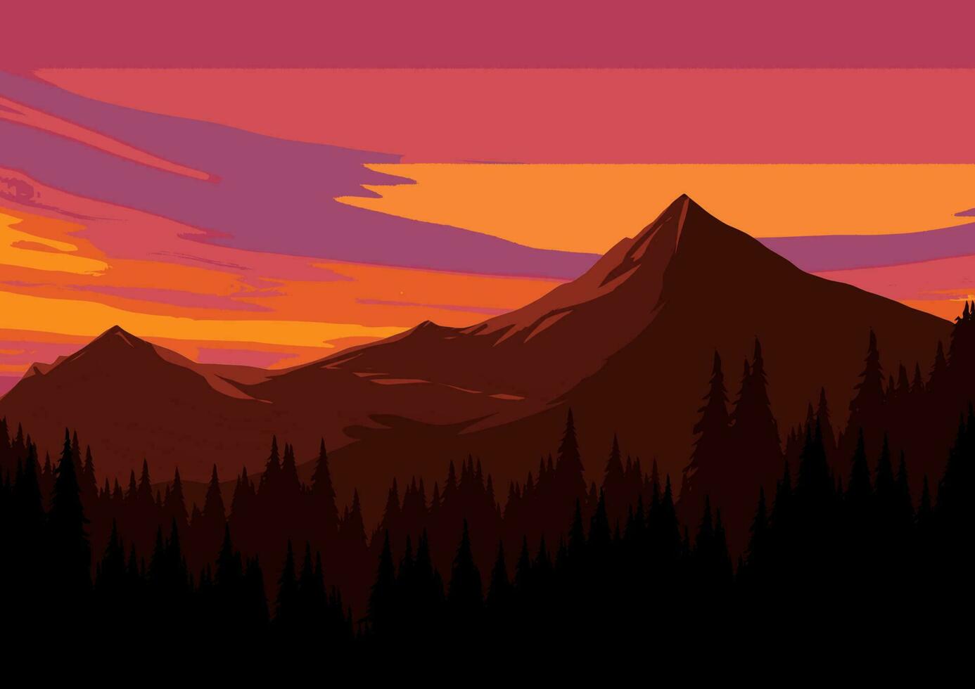plano vector montaña puesta de sol paisaje con pino bosque silueta