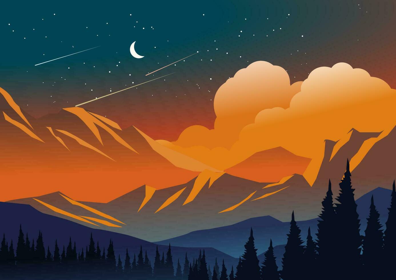 Vector night scene illustration with mountains and forest