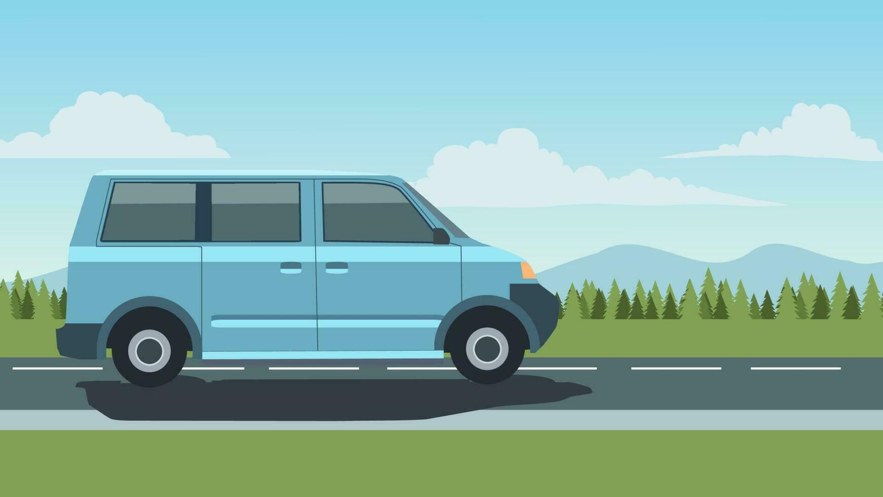 A van driving in sunny day with mountain in background vector