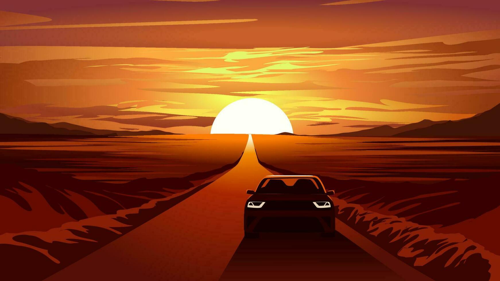 Vector illustration of a car driving on desert road with sunset in the background