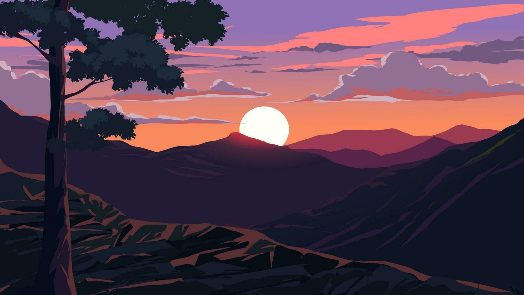 Serene sunset at mountain range with a tree in foreground vector
