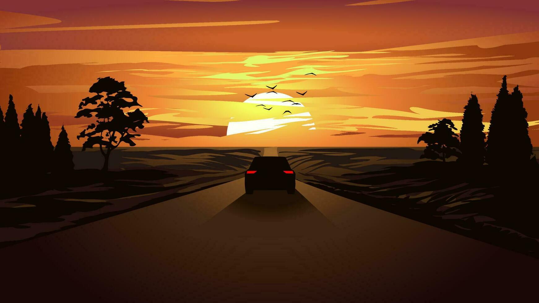 Vector illustration of beautiful sunset wit a car running on strIaight road and trees in silhouette