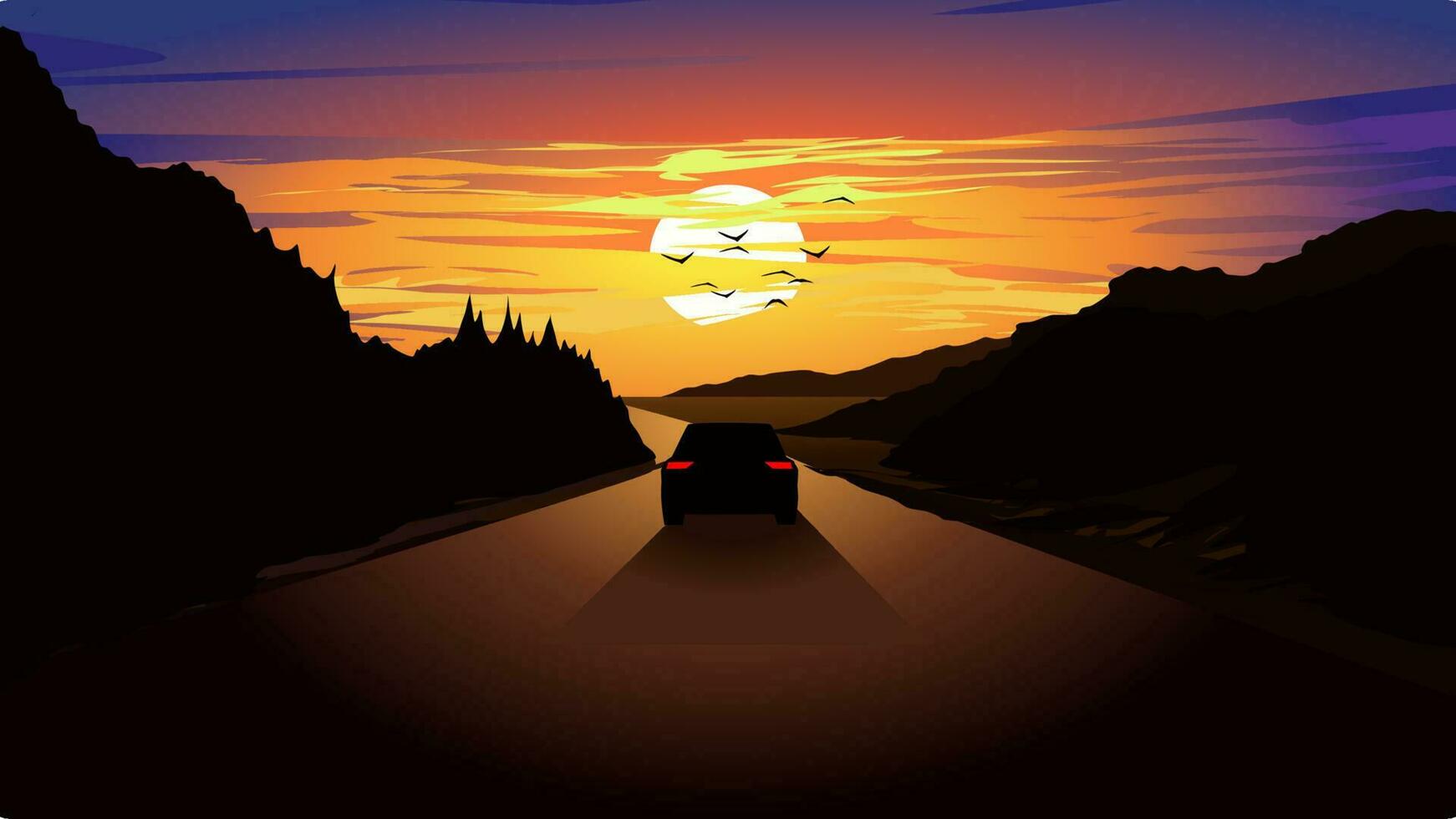 Vector illustration of colorful sunset wit a car driving on straight road and trees in silhouette