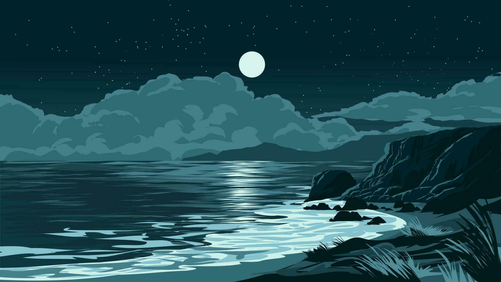 Vector illustration of night landscape at beach with rocks and hills