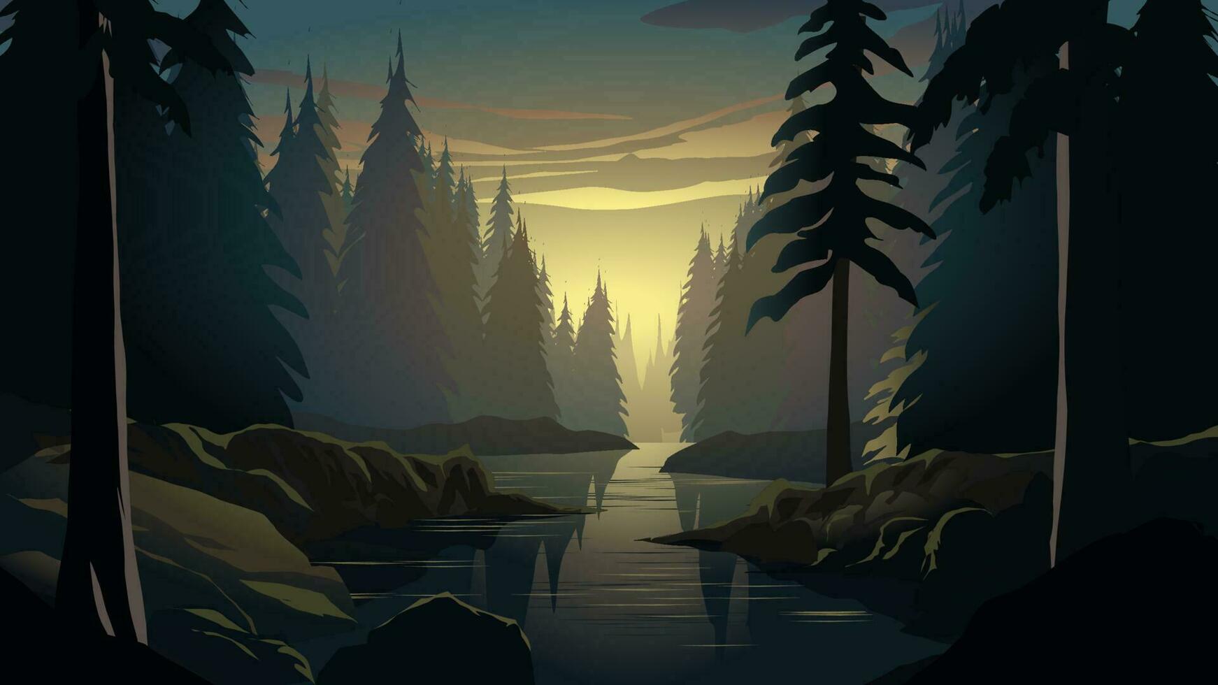 brumoso pino bosque paisaje con río. puesta de sol en bosque vector