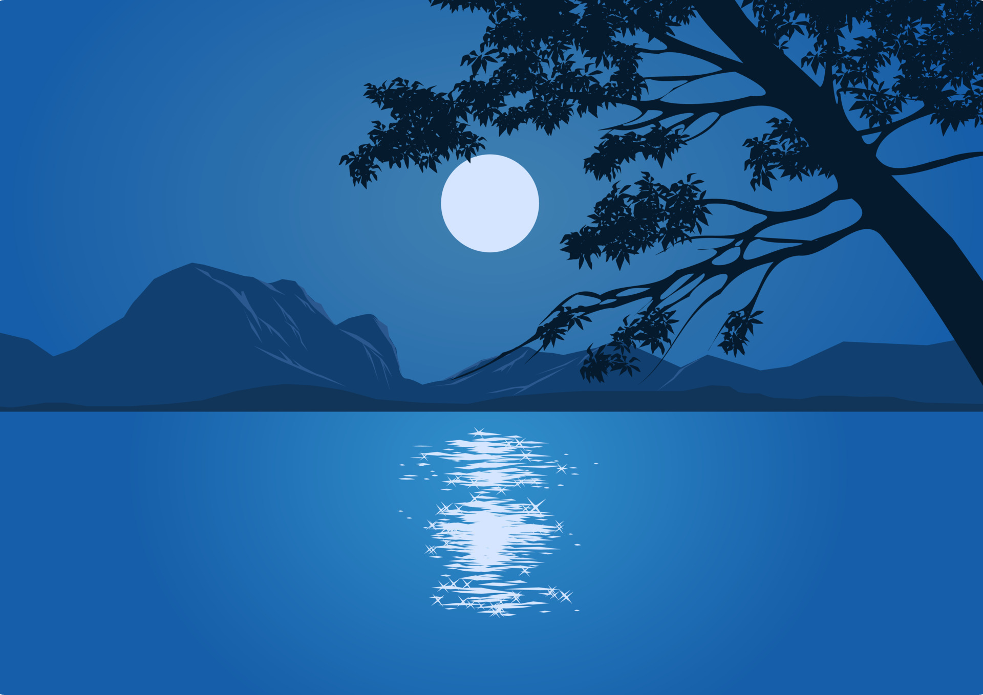 Beautiful tranquil night illustration with full moon over lake and ...