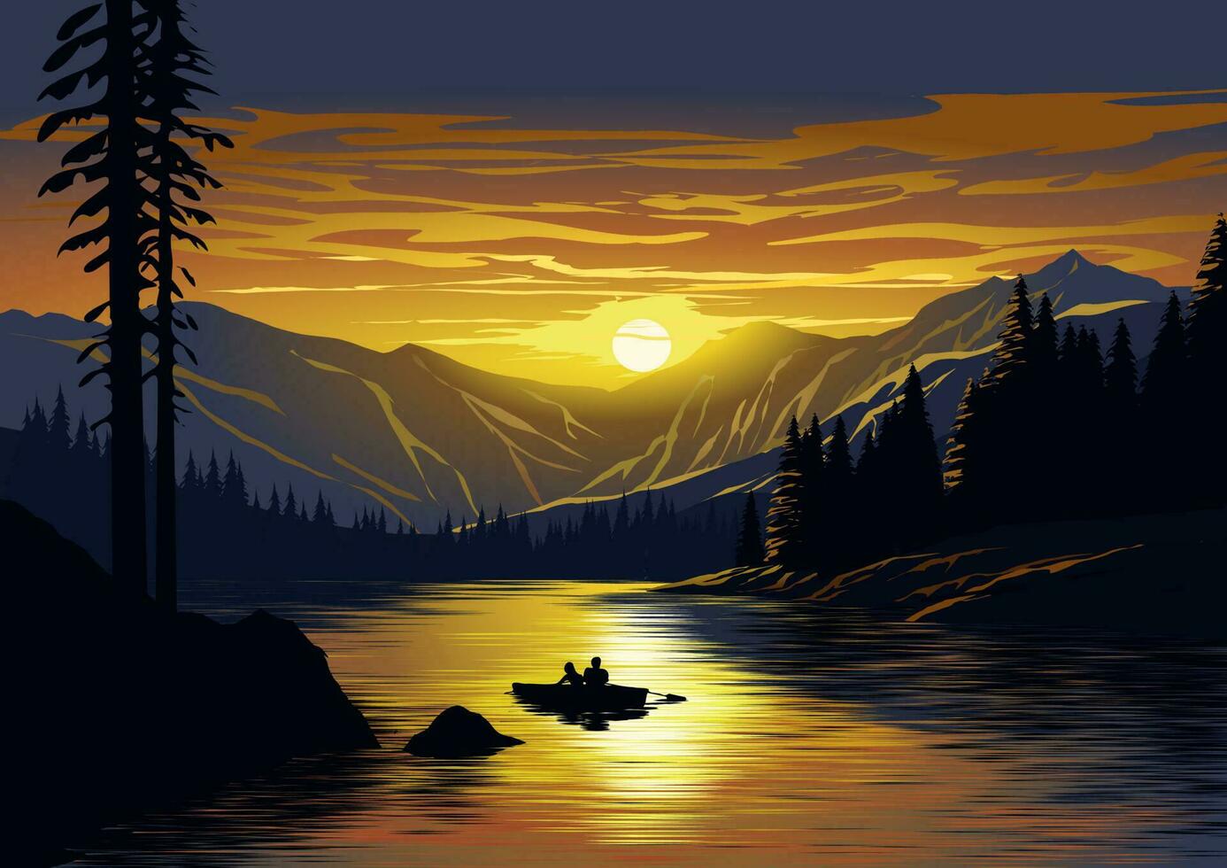 Amazing dramatic sunset illustration. Sunset landscape with mountain and lake with couple on a boa vector