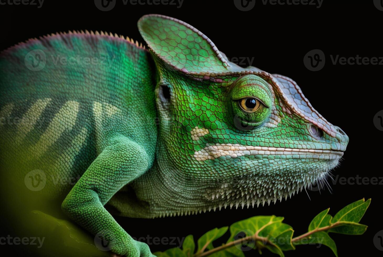 Green chameleon with textured skin close up, blurred tropical background. . photo
