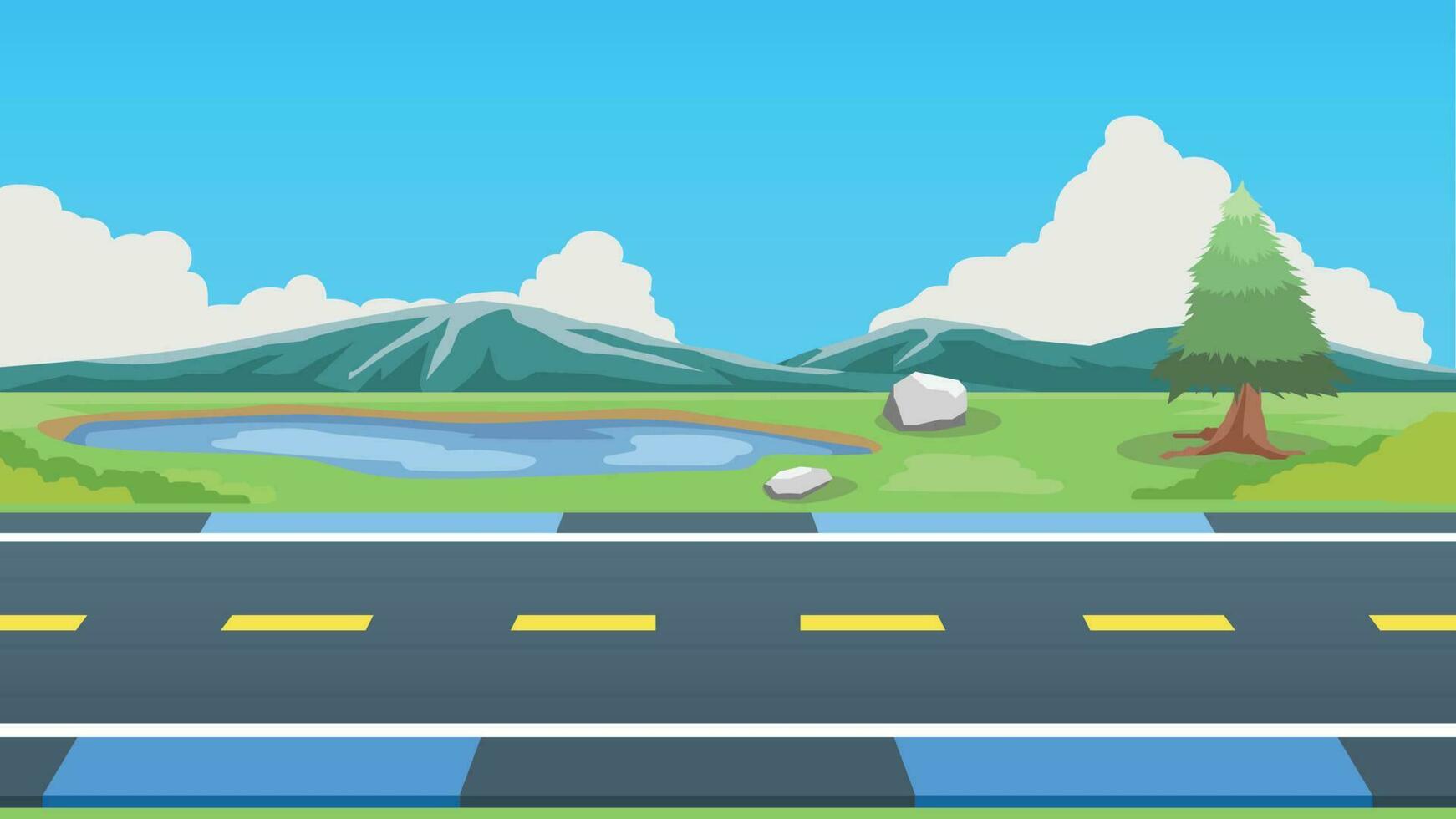 Horizontal view of Asphalt road with bike lens. Background of trees and green grass with pool. And mountain under blue sky with white clouds. vector