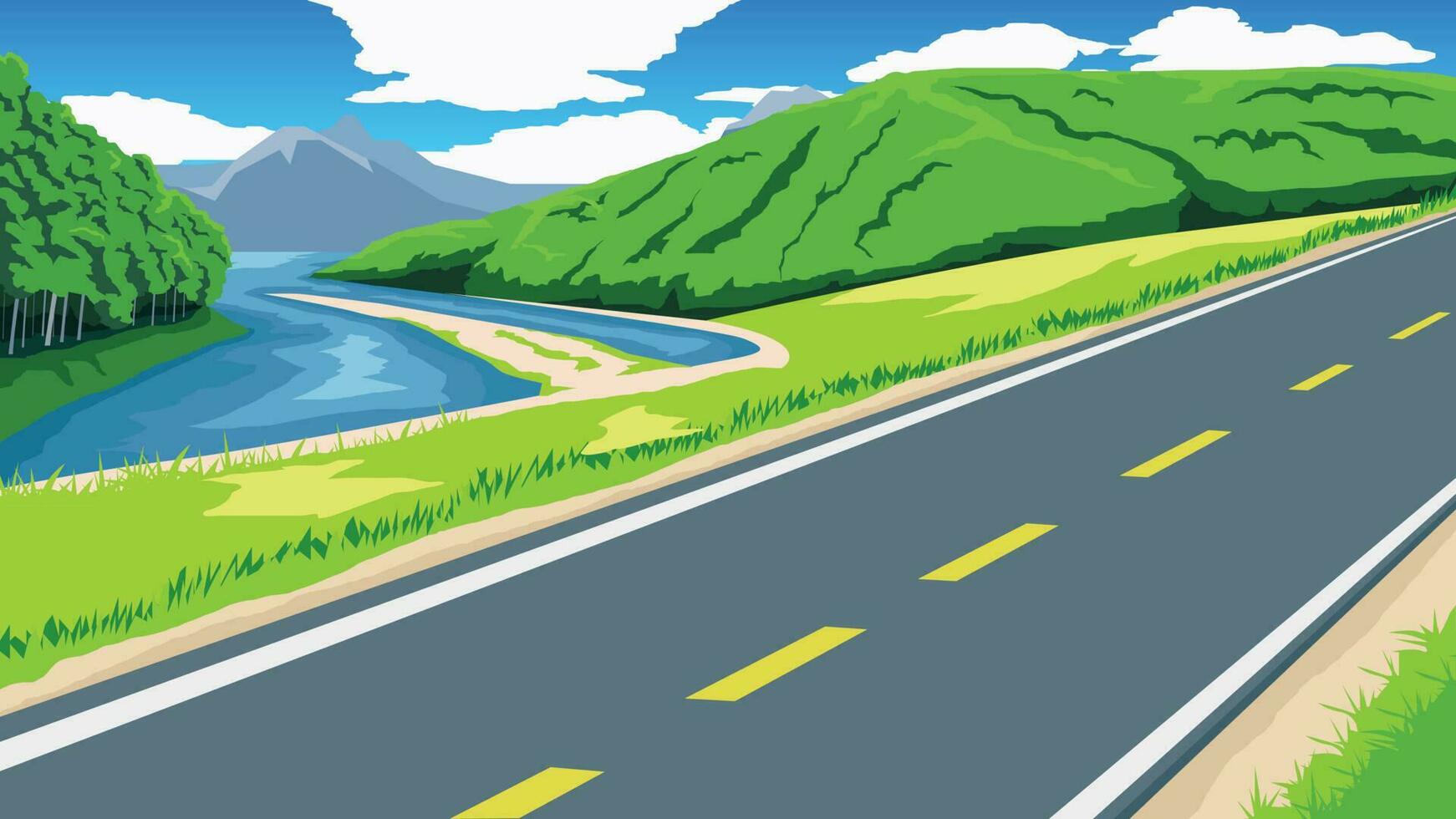 Copy Space Flat Vector Illustration. of Asphalt road passing through the river and environment of wide open fields of green grass. Green plains and low mountains.  Under blue sky and white clouds.