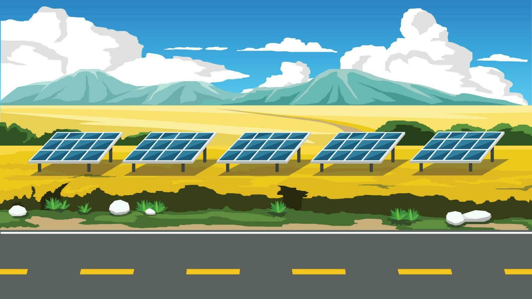 Horizontal view of asphalt road cuts through a vast field of yellow flowers. Solar panels lined up on the open area receive sunlight. Background of mountain under blue sky and white clouds. vector