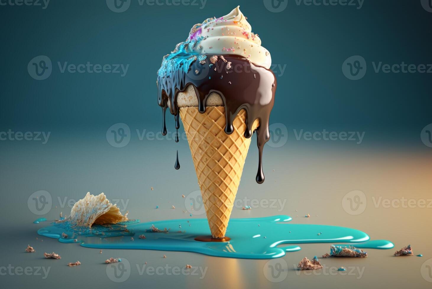 Colorful ice cream splashes, melting ice cream cone. . photo